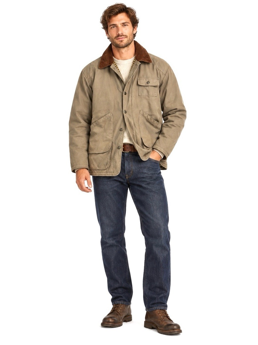 Men's Vintage R&R Chore Jacket Barn Coat 44  Corduroy Collar Khaki Brown Utility